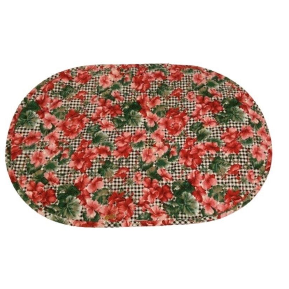 Set of 6 Vintage Floral Quilted Placemats Gingham Check Hibiscus Red Pink Oval